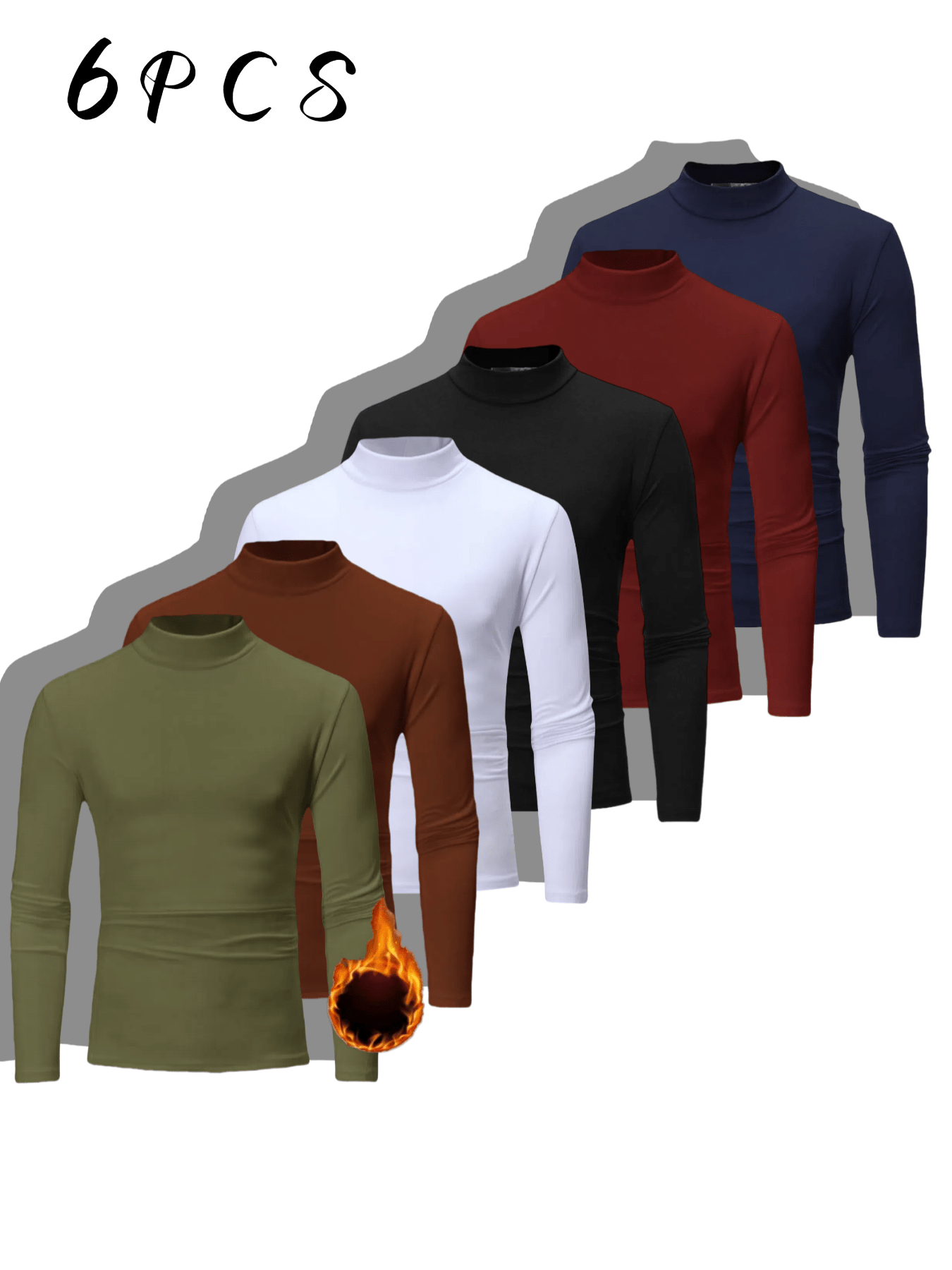 Men's 6pcs set with velvet imitation high-neck shirt thermal underwear - slim long sleeves in stretch fabric, suitable for autumn and winter