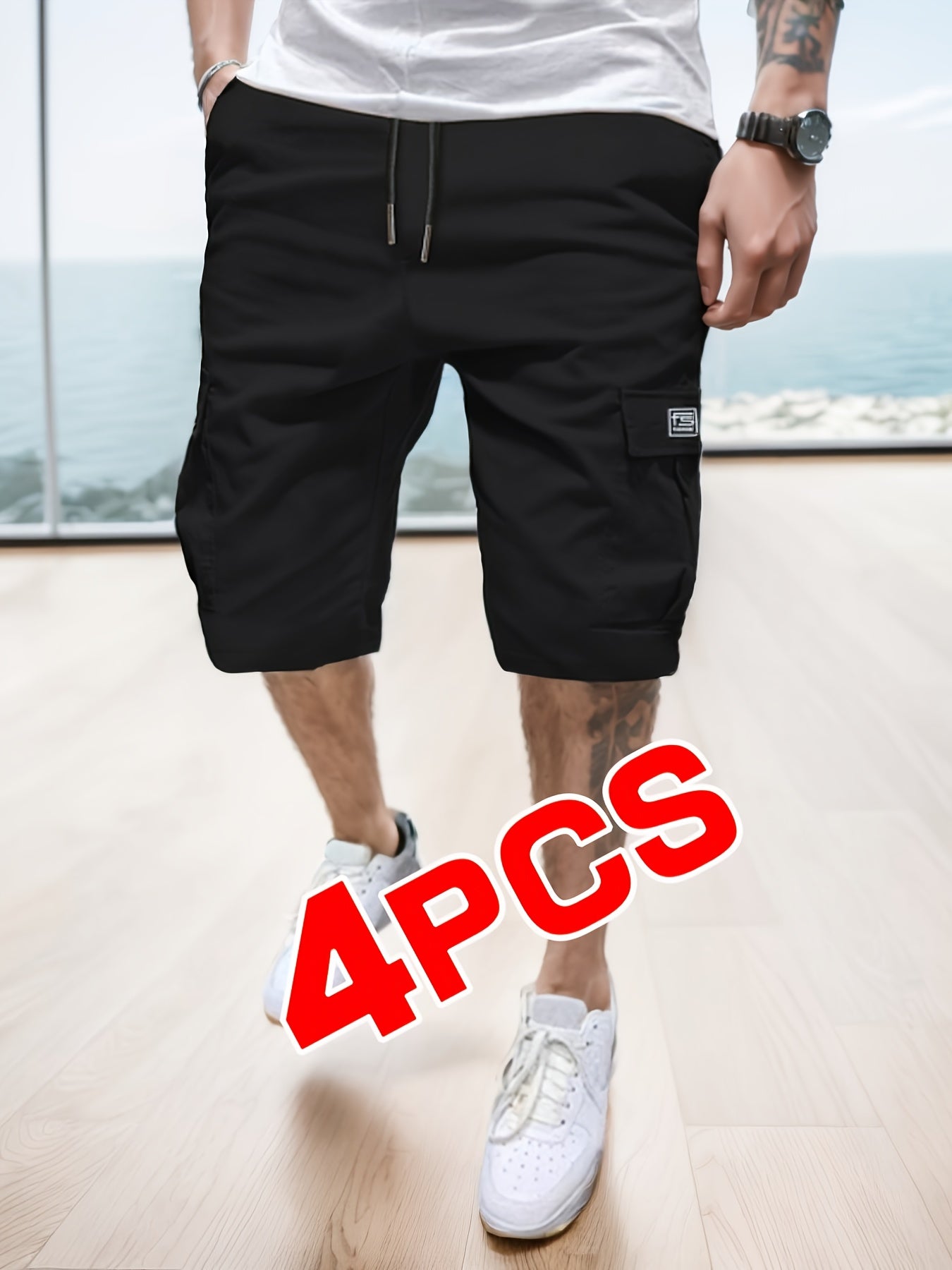 4pcs Men'S Summer Cargo Shorts - Non-Stretch, Geometric Pattern, Casual Style With Pockets, Regular Fit For Outdoor Sports, Street Parties & Travel