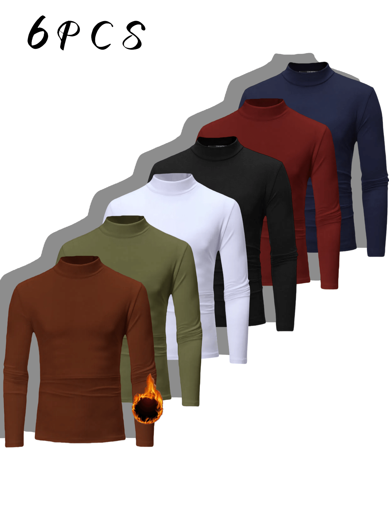 Men's 6pcs set with velvet imitation high-neck shirt thermal underwear - slim long sleeves in stretch fabric, suitable for autumn and winter