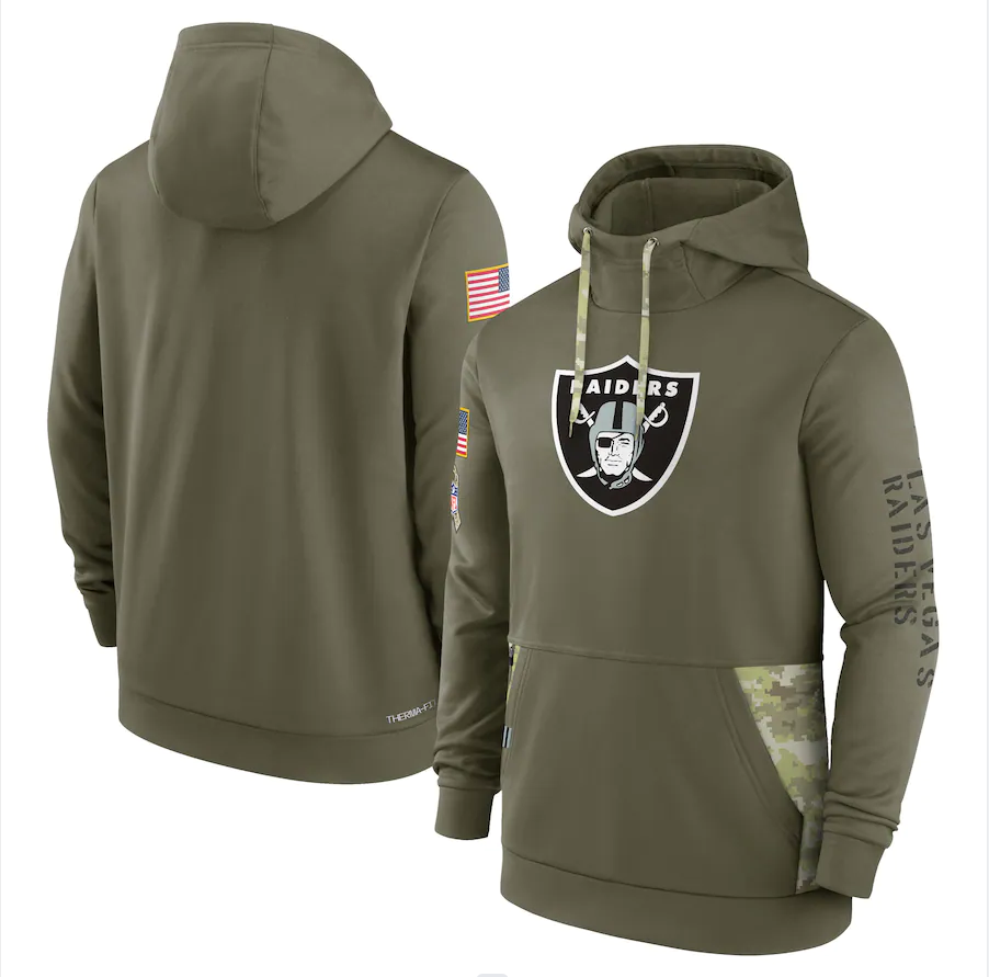 Men's Las Vegas Raiders Olive 2022 Salute to Service Therma Performance Pullover Hoodie1