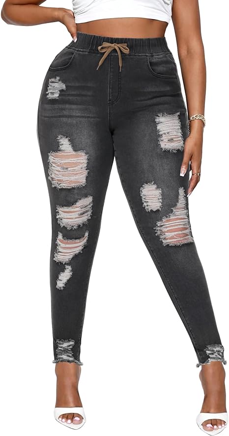 Womens Plus Size Skinny Distressed Jeans High Waisted Stretch Drawstring Ripped Denim Joggers