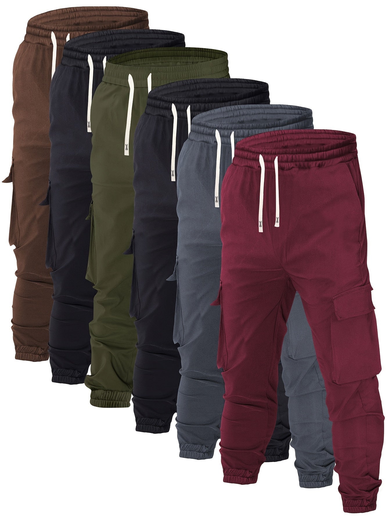 Men's 6pcs Utility Elastic Drawstring Waist Cargo Pants, Casual Joggers With Multiple Pockets, Fall/Winter