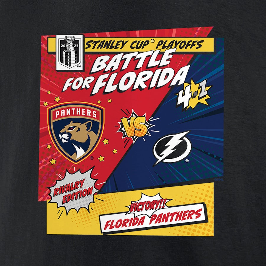 Men's Florida Panthers vs. Tampa Bay Lightning Black 2025 Stanley Cup Playoffs Rivalry Comic Pop T-Shirt