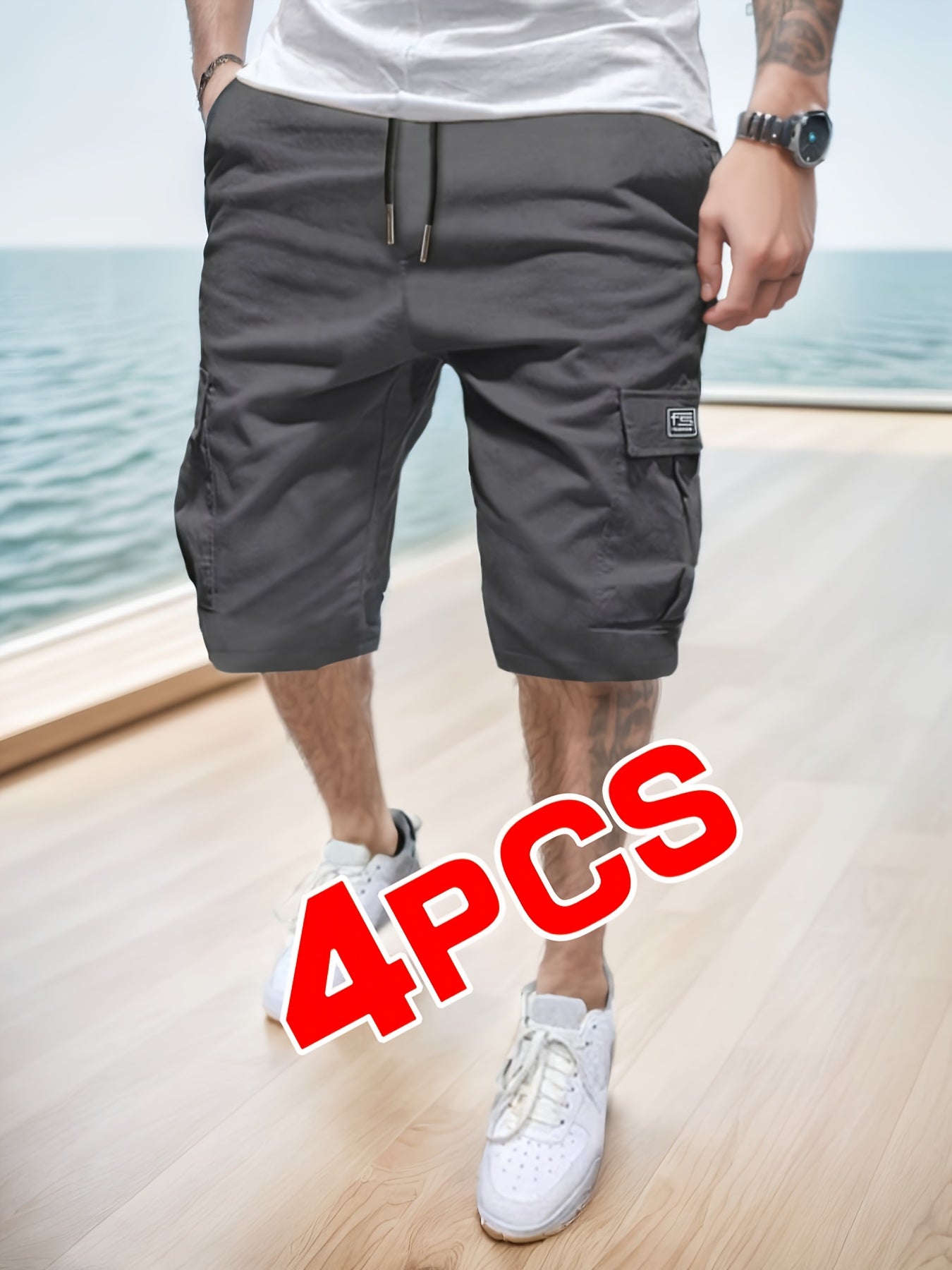 4pcs Men'S Summer Cargo Shorts - Non-Stretch, Geometric Pattern, Casual Style With Pockets, Regular Fit For Outdoor Sports, Street Parties & Travel