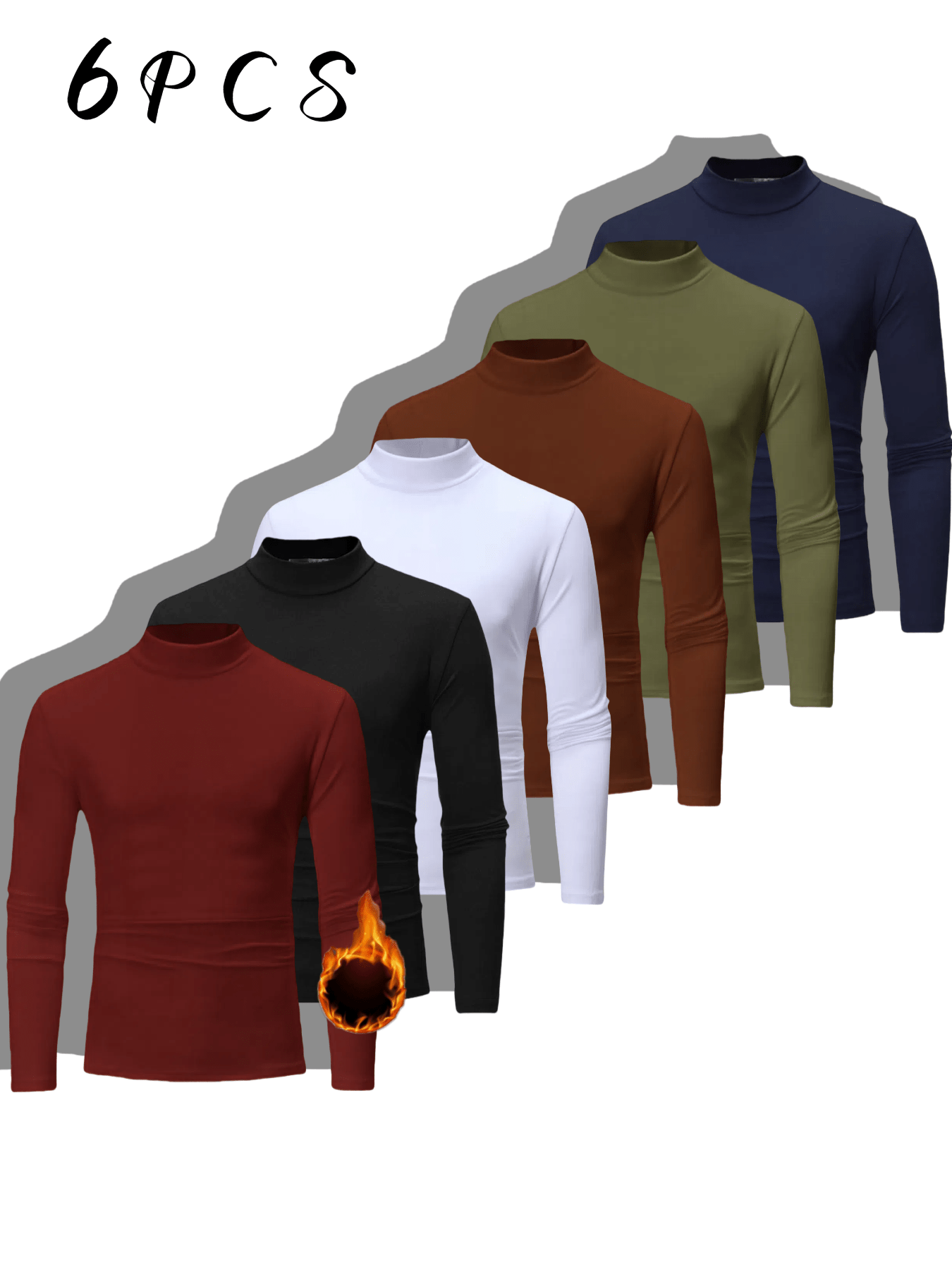 Men's 6pcs set with velvet imitation high-neck shirt thermal underwear - slim long sleeves in stretch fabric, suitable for autumn and winter