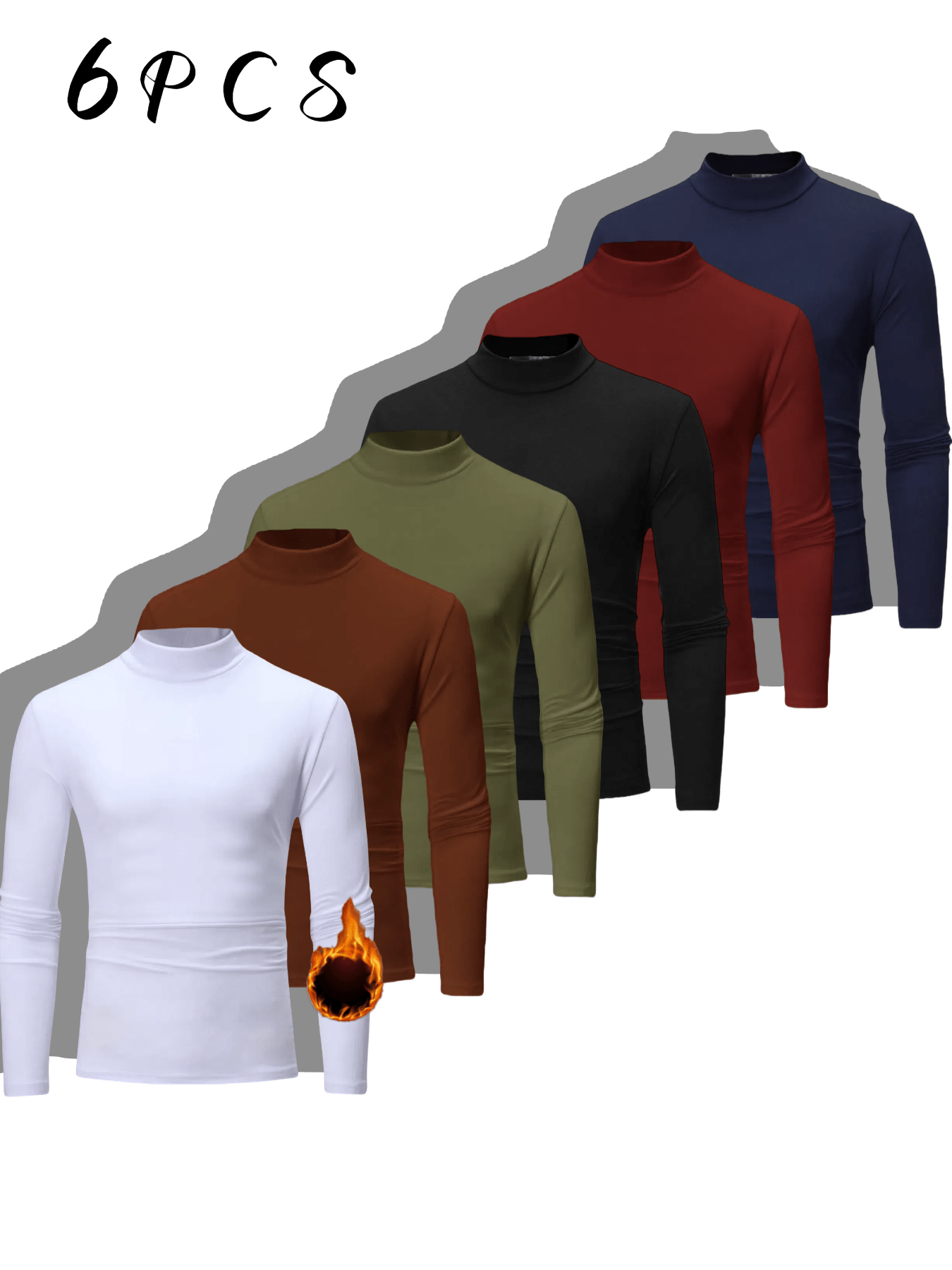 Men's 6pcs set with velvet imitation high-neck shirt thermal underwear - slim long sleeves in stretch fabric, suitable for autumn and winter