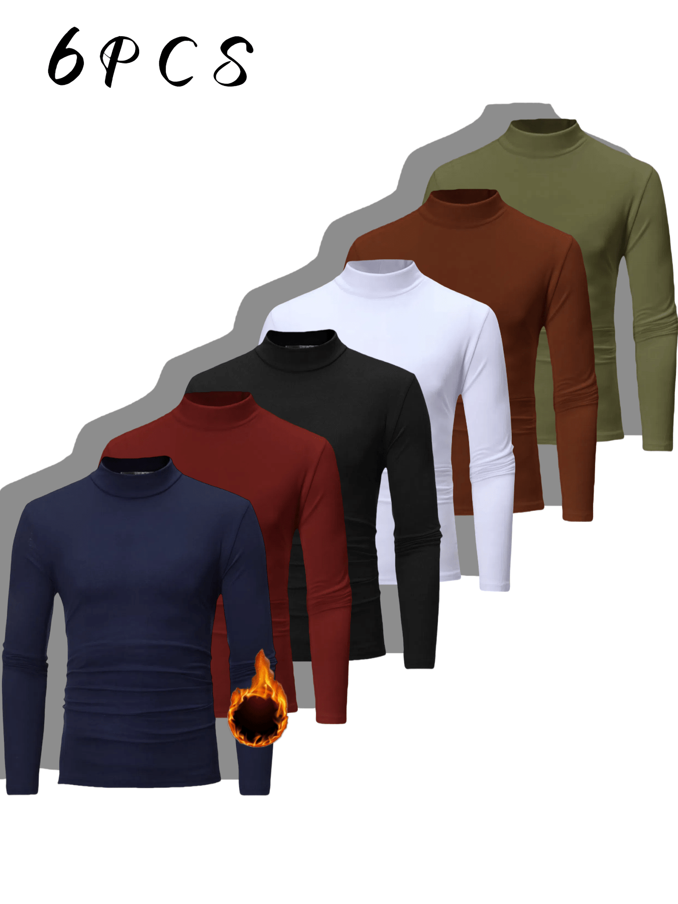 Men's 6pcs set with velvet imitation high-neck shirt thermal underwear - slim long sleeves in stretch fabric, suitable for autumn and winter