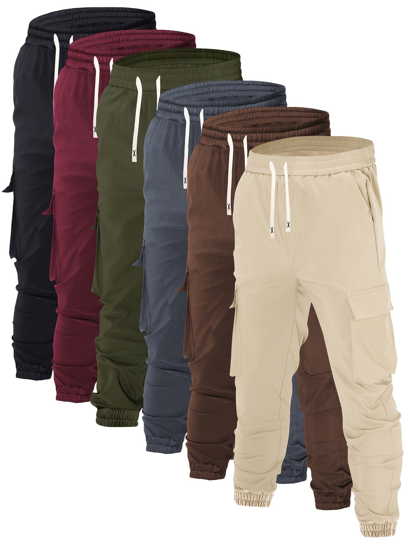 Men's 6pcs Utility Elastic Drawstring Waist Cargo Pants, Casual Joggers With Multiple Pockets, Fall/Winter