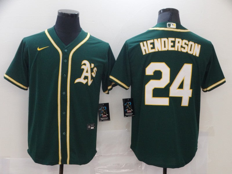 Men's Oakland Athletics Rickey Henderson #24 Green Replica Baseball Jersey1