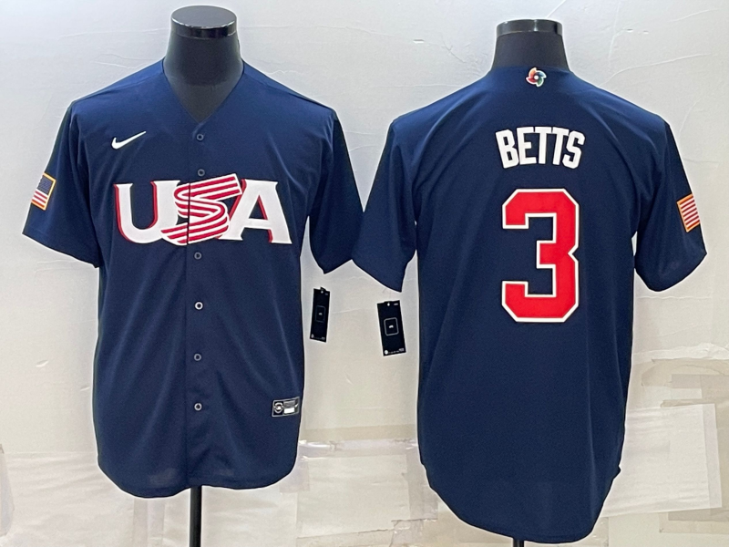 Men's 2023 World Baseball Classic #3 Mookie Betts USA Navy jersey