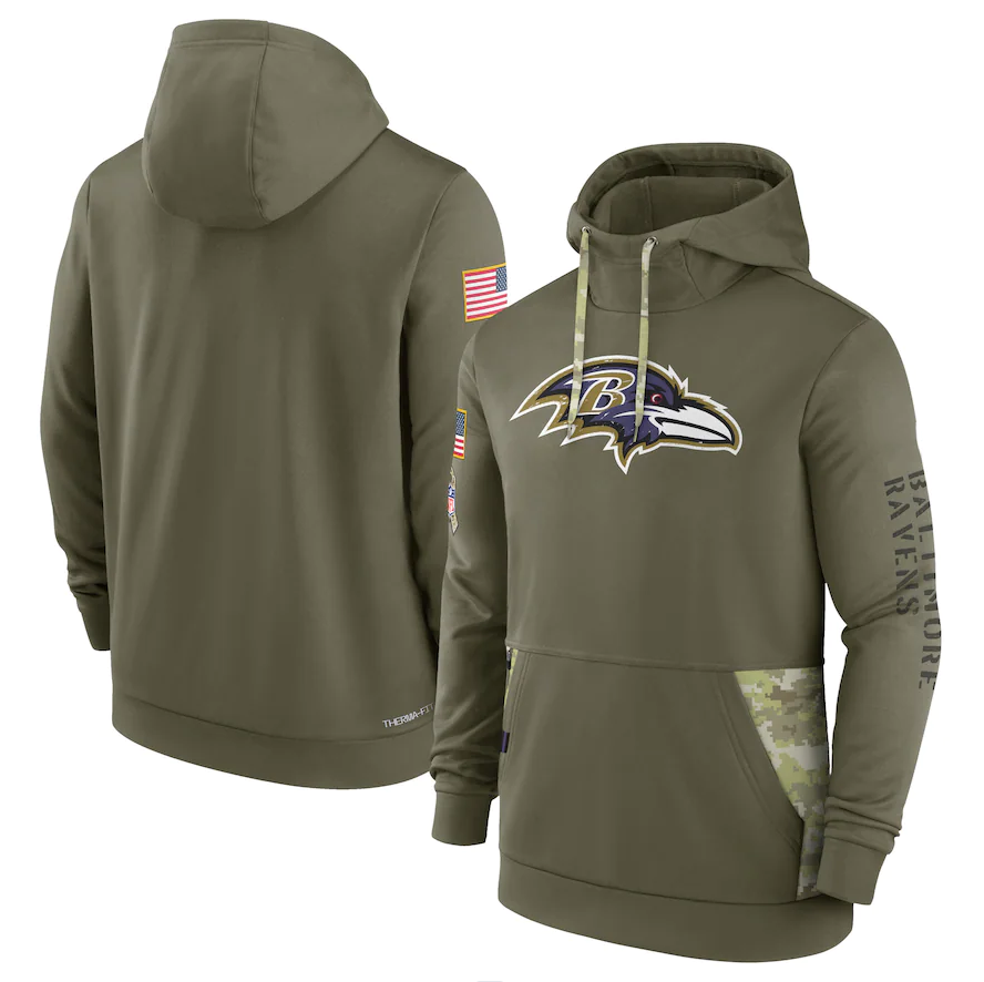 Men's Baltimore Ravens Olive 2022 Salute to Service Therma Performance Pullover Hoodie1