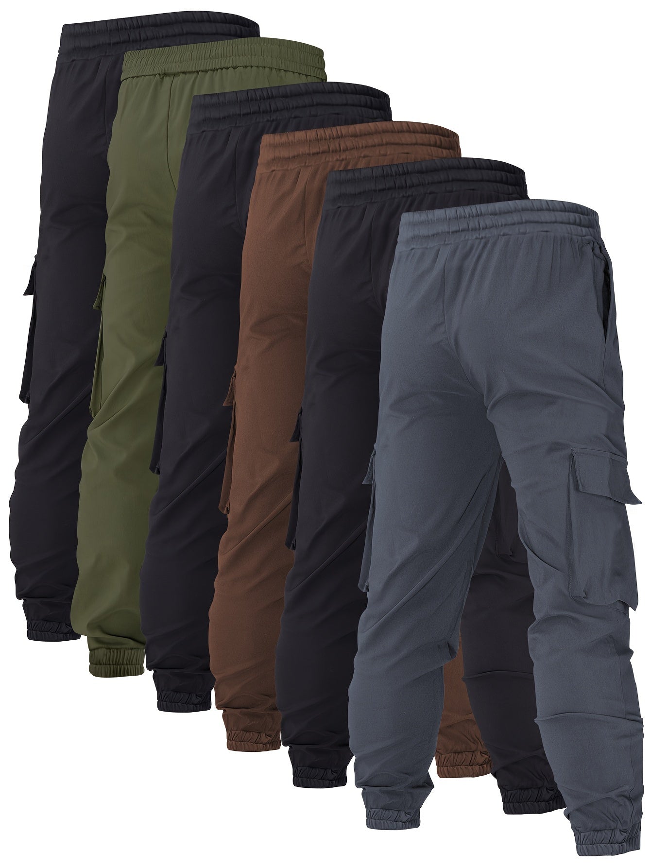 Men's 6pcs Utility Elastic Drawstring Waist Cargo Pants, Casual Joggers With Multiple Pockets, Fall/Winter