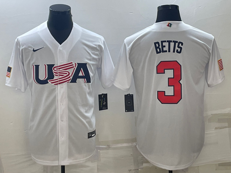 Men's 2023 World Baseball Classic #3 Mookie Betts USA White jersey
