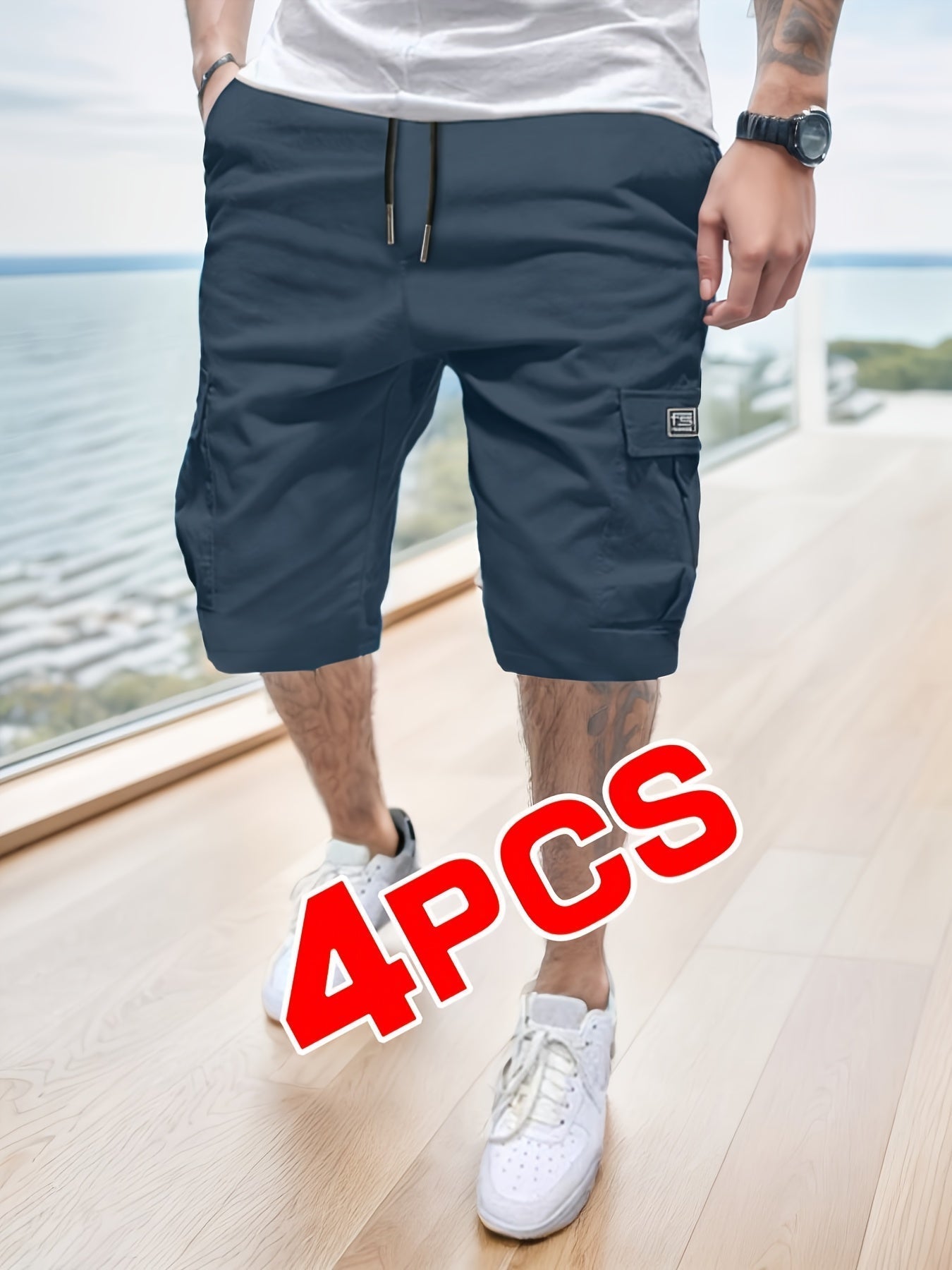 4pcs Men'S Summer Cargo Shorts - Non-Stretch, Geometric Pattern, Casual Style With Pockets, Regular Fit For Outdoor Sports, Street Parties & Travel