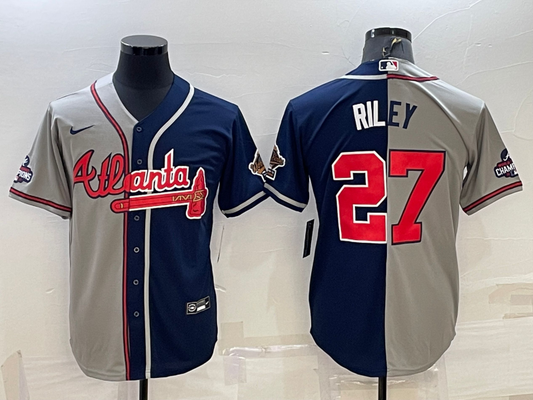 Men's Atlanta Braves Austin Riley #27 Gray/Navy Replica Player Jersey1