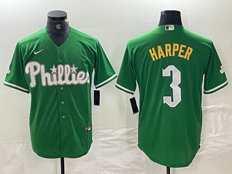 Men's Philadelphia Phillies Bryce Harper #3 Green Replica Game Jersey1