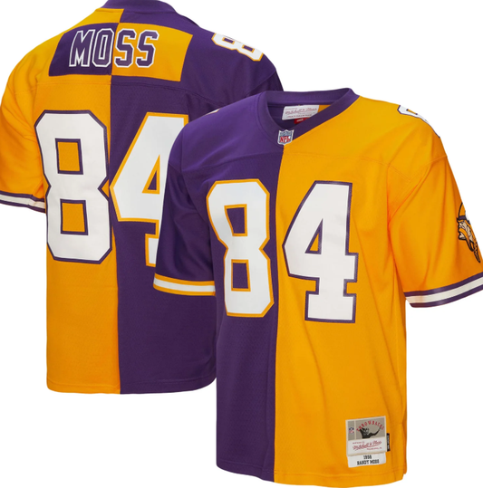 MN.Vikings #84 Randy Moss Mitchell & Ness 1998 Split Legacy Replica Jersey Purple Gold Stitched American Football Jerseys