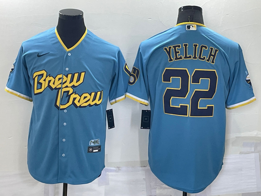 Men's Milwaukee Brewers Christian Yelich #22 Blue Stitched Jersey1