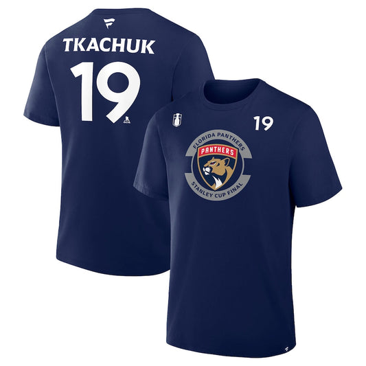 Men's Florida Panthers Matthew Tkachuk Fanatics Navy 2025 Stanley Cup Final Authentic Pro Name & Number T-Shirt