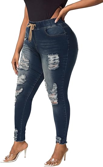 Womens Plus Size Skinny Distressed Jeans High Waisted Stretch Drawstring Ripped Denim Joggers