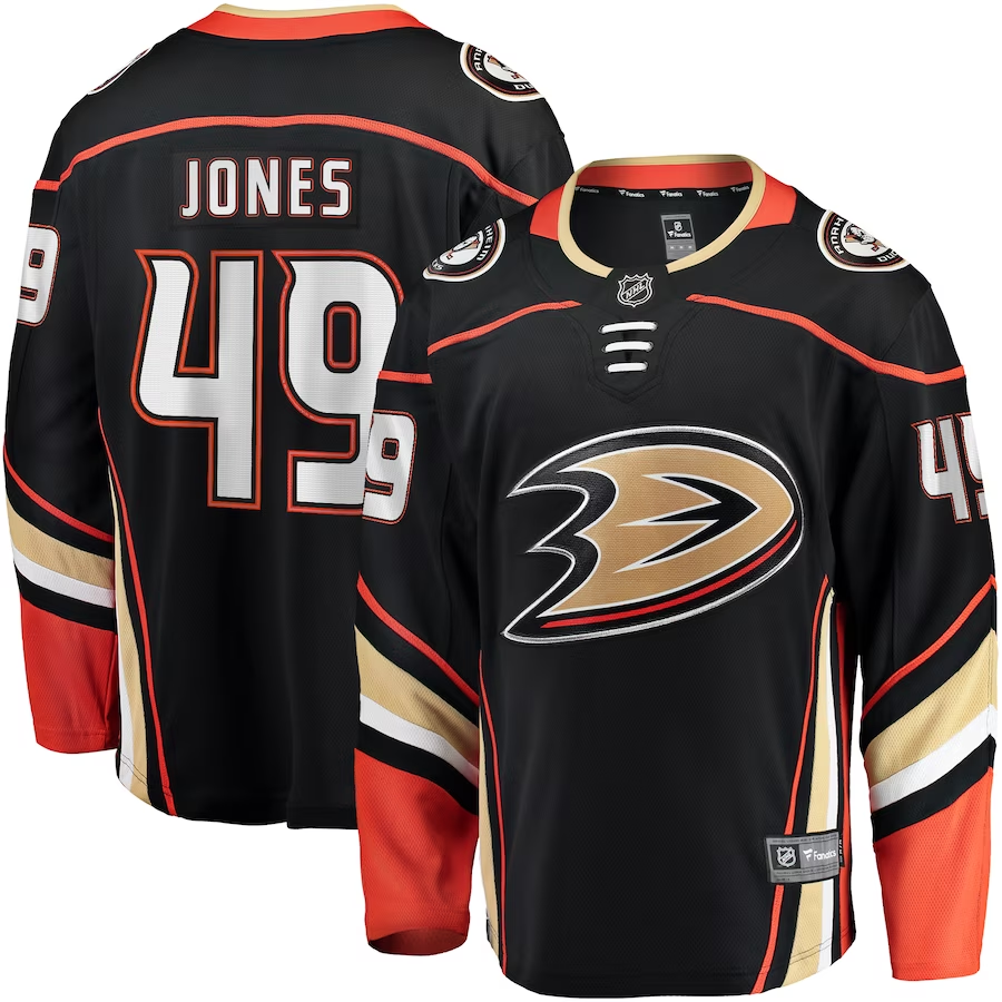 Men's Anaheim Ducks Max Jones #49 Black Home Breakaway Jersey1
