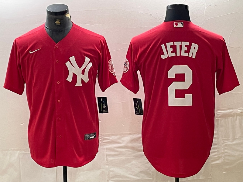 Men's New York Yankees Derek Jeter #2 Red Replica Player Jersey1