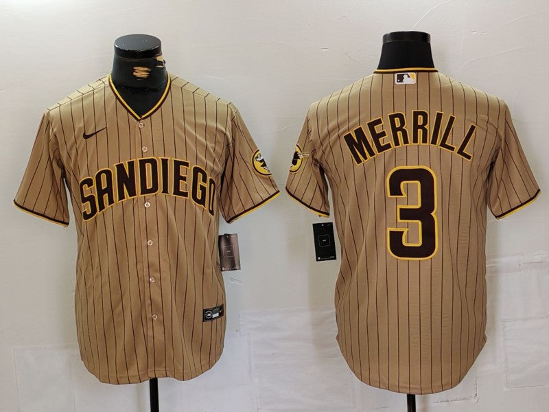 Men's San Diego Padres Jackson Merrill #3 Tan Replica Player Jersey1