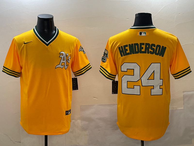 Men's Oakland Athletics Rickey Henderson #24 Yellow Replica Team Jersey1