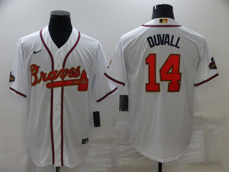 Men's Atlanta Braves Adam Duvall #14 White Replica Baseball Jersey1