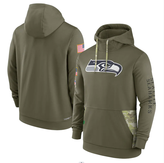 Men's Seattle Seahawks Olive 2022 Salute to Service Therma Performance Pullover Hoodie1