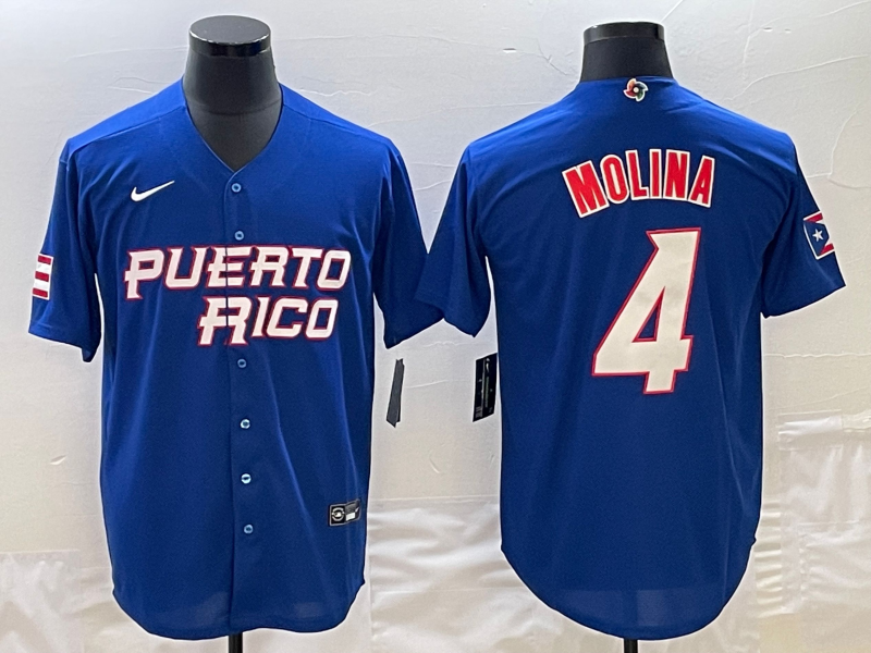 Men's 2023 World Baseball Classic #4 Yadier Molina Puerto Rico Blue jersey