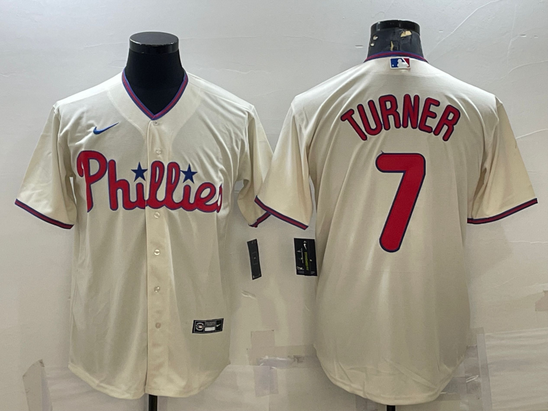 Men's Philadelphia Phillies Trea Turner #7 Beige Replica Player Jersey1