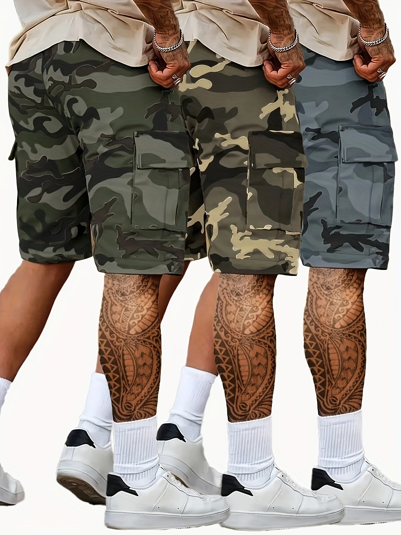 3pcs Men'S Camo Cargo Shorts - Polyester Material, Loose Fit With Pockets, Machine Washable - Perfect For Summer