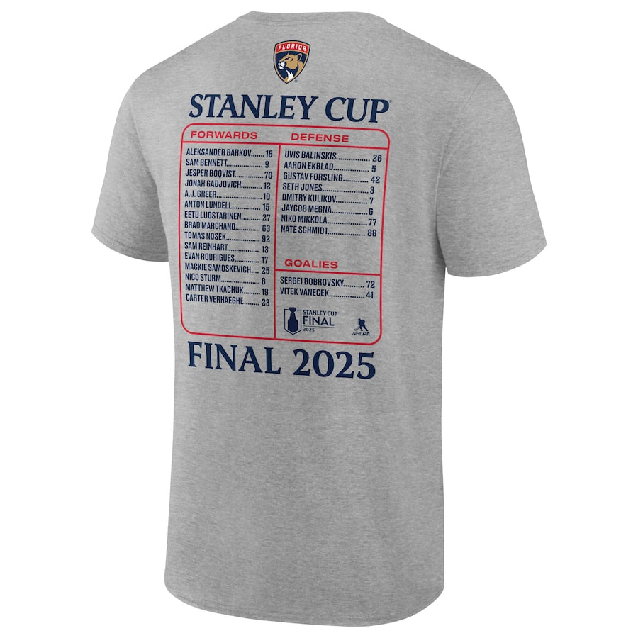 Men's Florida Panthers Fanatics Heather Gray 2025 Stanley Cup Final Roster T-Shirt