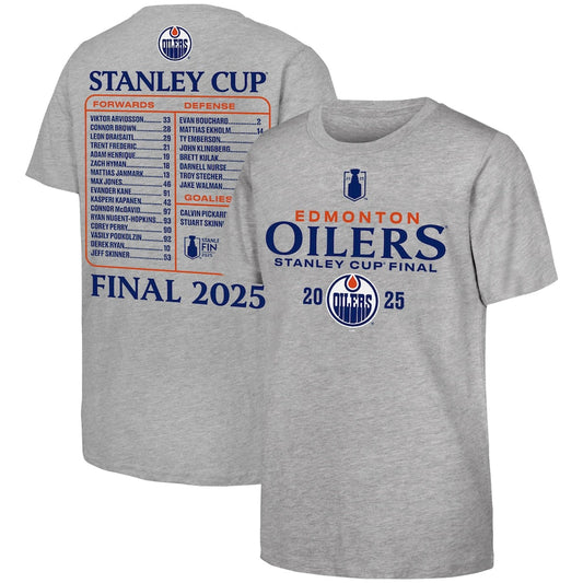 Youth Edmonton Oilers Fanatics Heather Gray 2025 Stanley Cup Final Roster T-Shirt