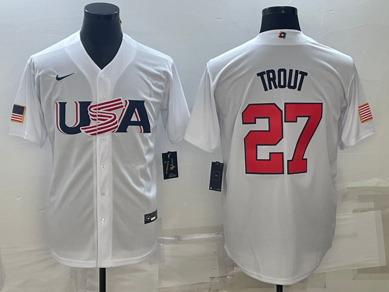 Men's 2023 World Baseball Classic #27 Mike Trout USA White jersey