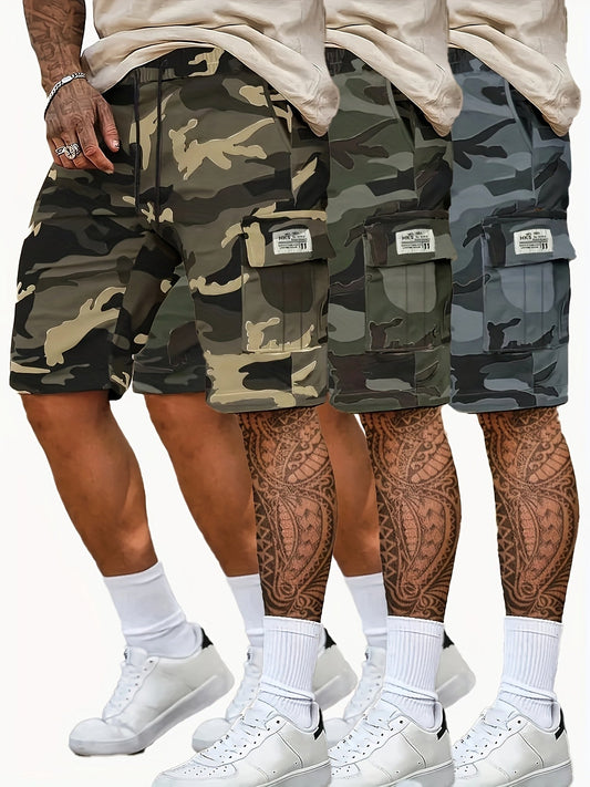 3pcs Men'S Camo Cargo Shorts - Polyester Material, Loose Fit With Pockets, Machine Washable - Perfect For Summer