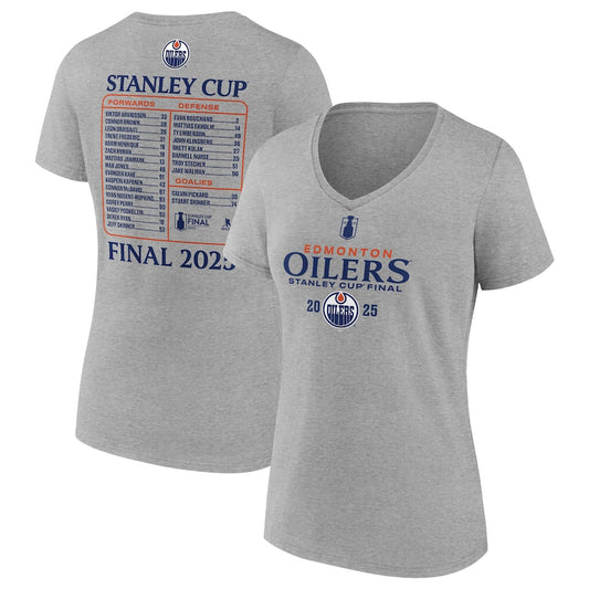 Women's Edmonton Oilers Fanatics Heather Gray 2025 Stanley Cup Final Roster V-Neck T-Shirt