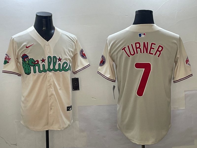 Men's Philadelphia Phillies Trea Turner #7 Cream Replica Player Jersey1