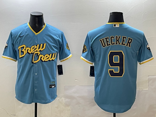 Men's Milwaukee Brewers Bob Uecker #9 Powder Blue City Connect Replica Player Jersey1