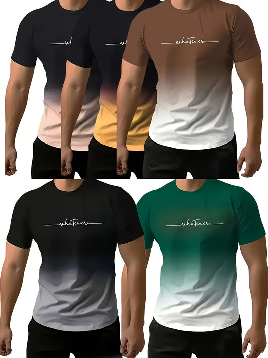 5pcs Plus Size Men'S Fashion 3D Print Crew Neck T-Shirts