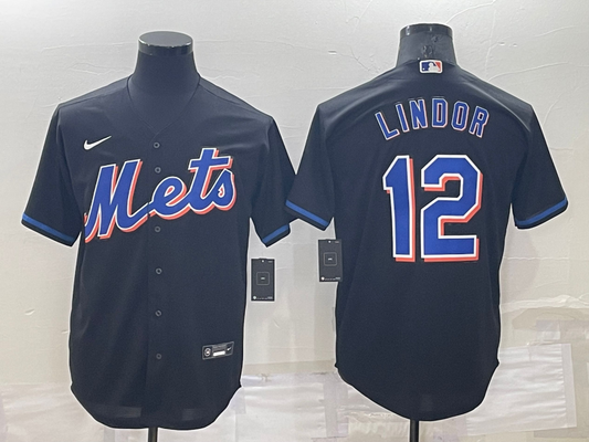 Men's New York Mets Francisco Lindor #12 Black Replica Baseball Jersey1