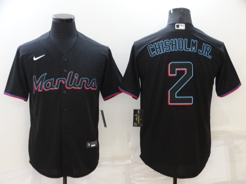 Men's Miami Marlins Jazz Chisholm Jr. #2 Black Replica Baseball Jersey1