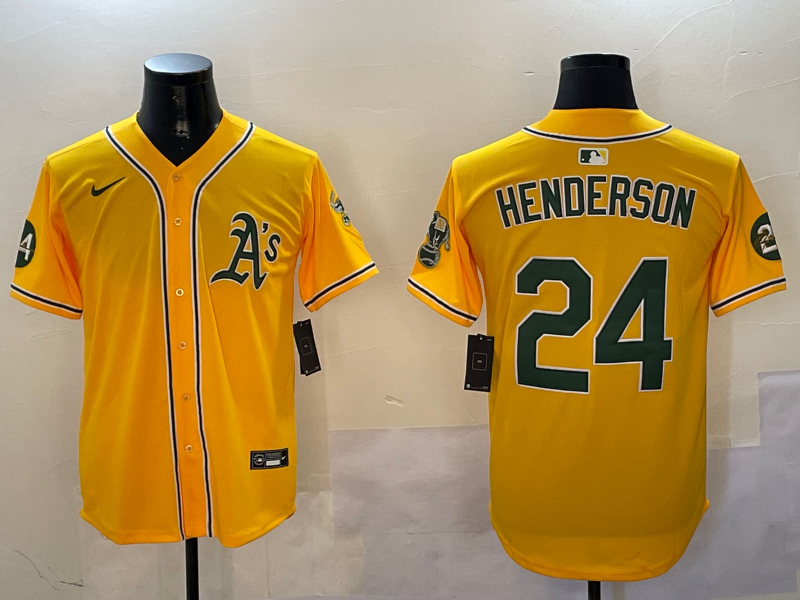 Men's Oakland Athletics Rickey Henderson #24 Yellow Game Player Jersey1