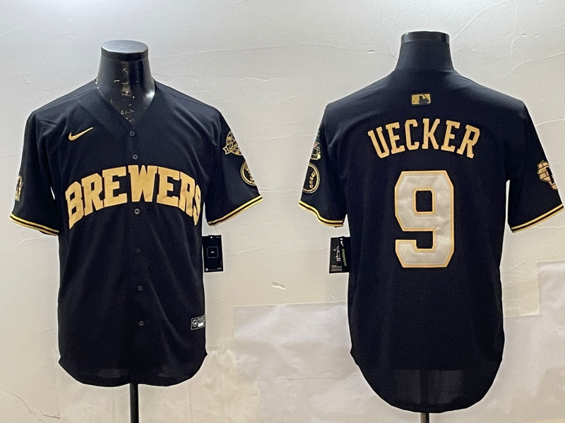 Men's Milwaukee Brewers Bob Uecker #9 Black Replica Player Jersey1