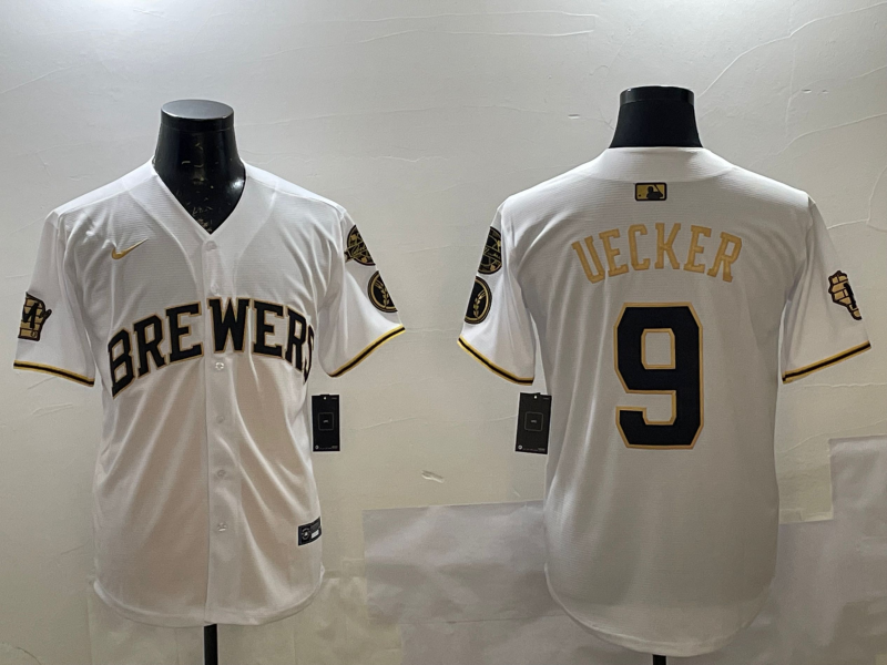 Men's Milwaukee Brewers Bob Uecker #9 White Replica Team Jersey1