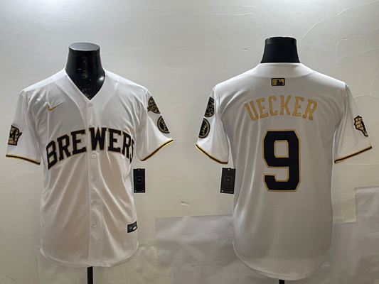 Men's Milwaukee Brewers Bob Uecker #9 White Replica Team Jersey1