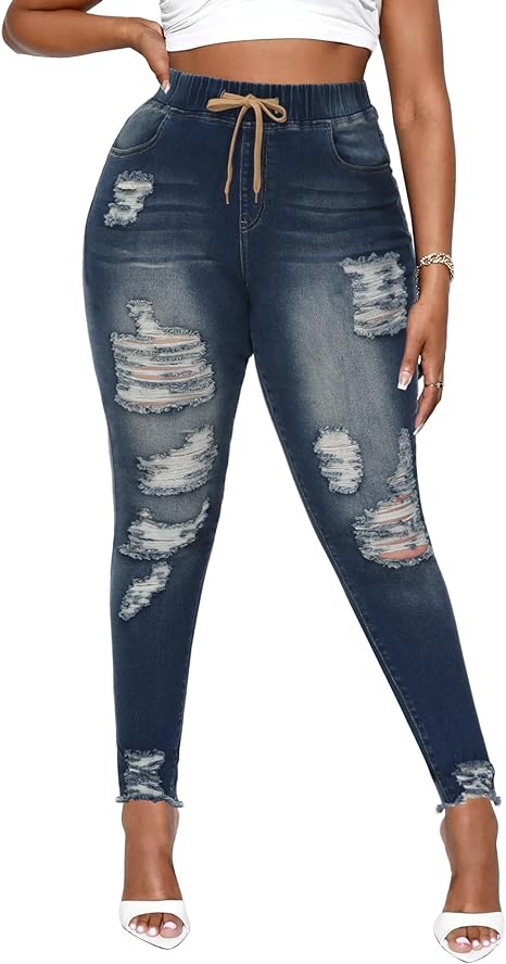 Womens Plus Size Skinny Distressed Jeans High Waisted Stretch Drawstring Ripped Denim Joggers