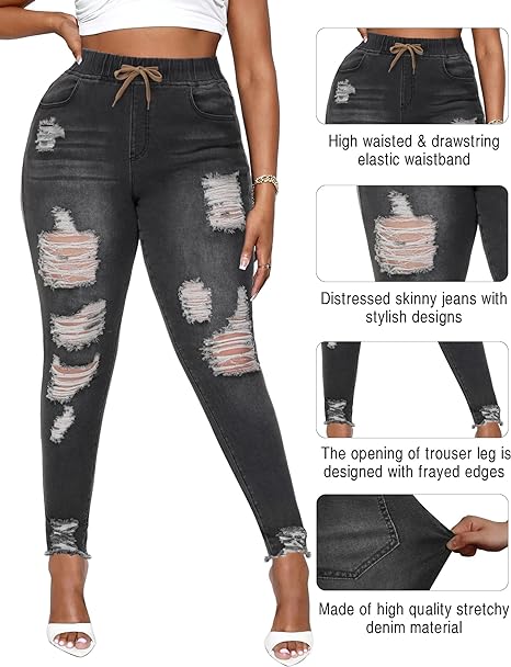 Womens Plus Size Skinny Distressed Jeans High Waisted Stretch Drawstring Ripped Denim Joggers