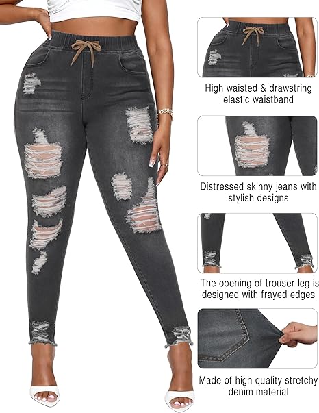 Womens Plus Size Skinny Distressed Jeans High Waisted Stretch Drawstring Ripped Denim Joggers